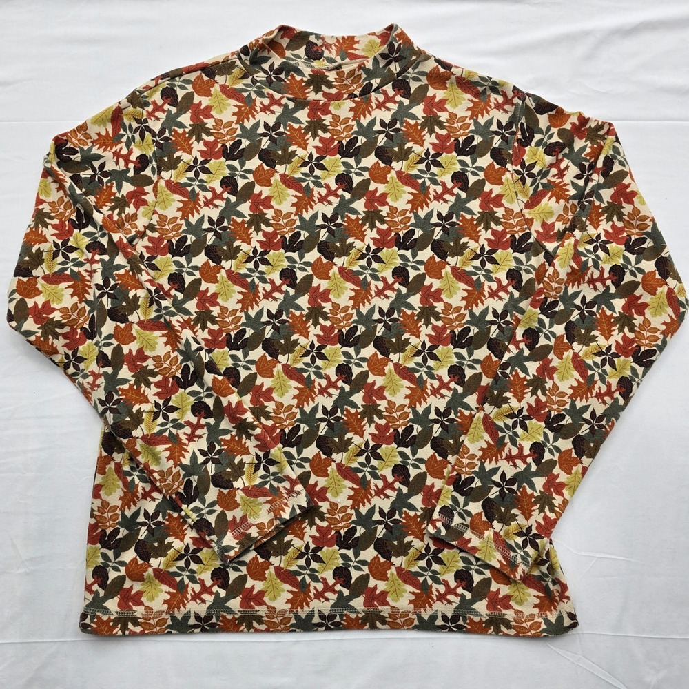 Mountain Lake Womens L Y2K Fall Leaf Print Mock Neck Long Sleeve Grannycore Top
